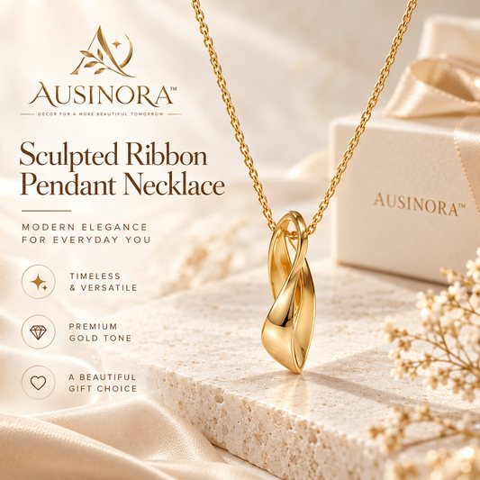 AUSINORA™ Sculpted Ribbon Pendant Necklace for Women – 18K Gold-Plated Minimalist Statement Necklace, Adjustable Layering Jewelry