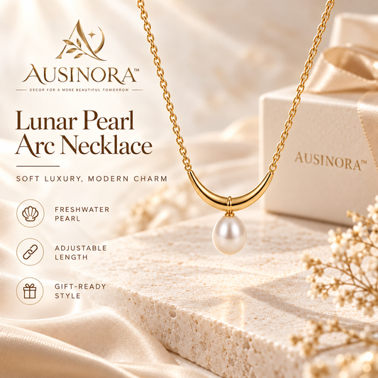 AUSINORA™ Lunar Pearl Arc Necklace – Freshwater Pearl Pendant, Minimalist Crescent Necklace for Women