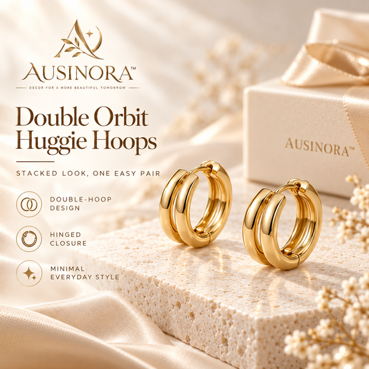 AUSINORA™ Double Orbit Huggie Hoop Earrings – Small Gold Hoop Earrings, Modern Layered Everyday Jewelry