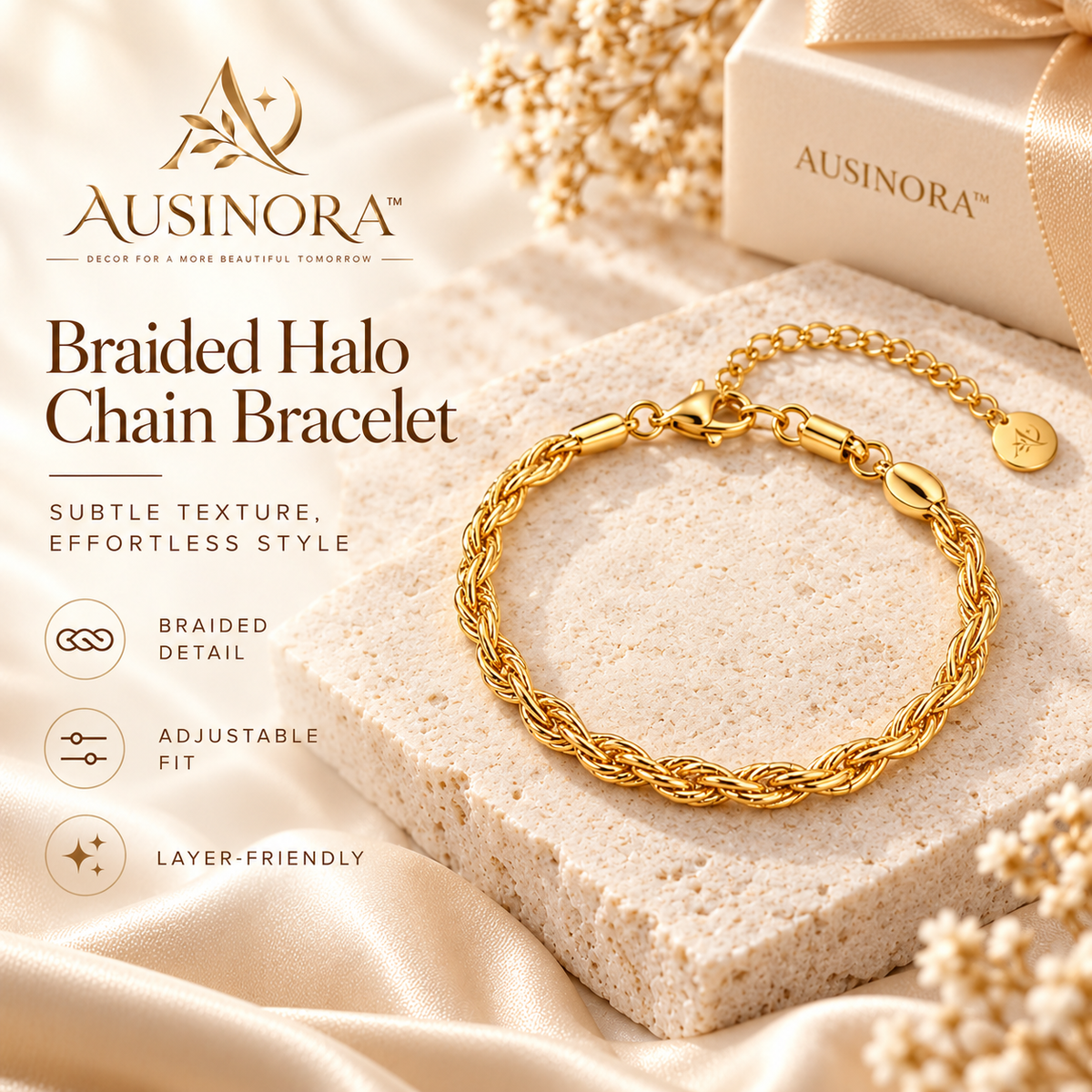 AUSINORA™ Braided Halo Chain Bracelet – Minimalist Gold Bracelet for Women, Adjustable Everyday Layering Jewelry