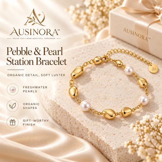 AUSINORA™ Pebble & Pearl Station Bracelet – Freshwater Pearl Gold Chain Bracelet, Organic Minimalist Jewelry