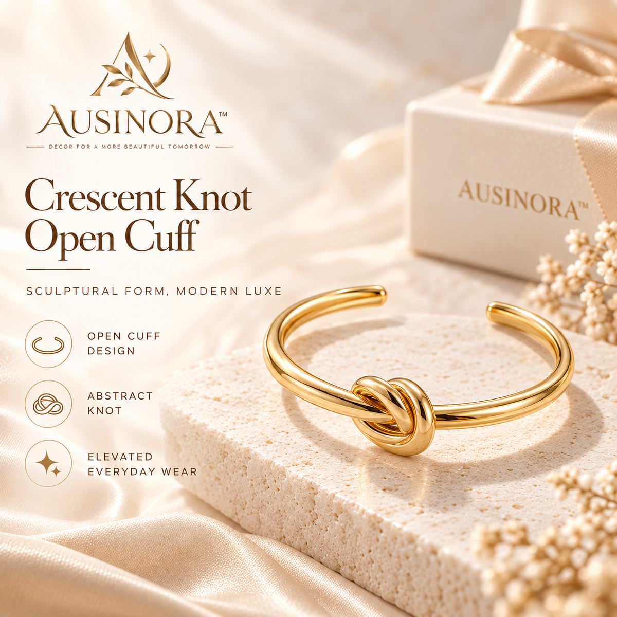 AUSINORA™ Crescent Knot Open Cuff Bracelet – Sculptural Gold Bangle, Minimalist Adjustable Women's Bracelet