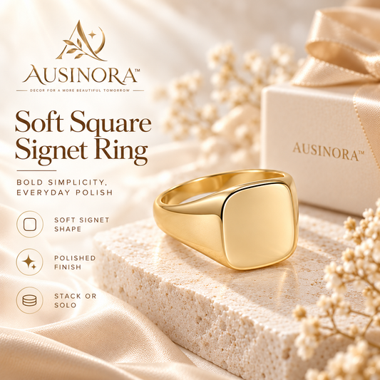AUSINORA™ Soft Square Signet Ring – Minimalist Gold Statement Ring, Modern Sculptural Ring for Women