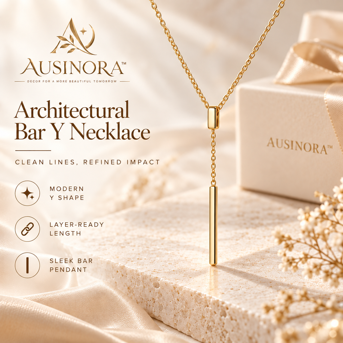 AUSINORA™ Architectural Bar Y Necklace – Long Minimalist Pendant Necklace, Layering Jewelry for Women