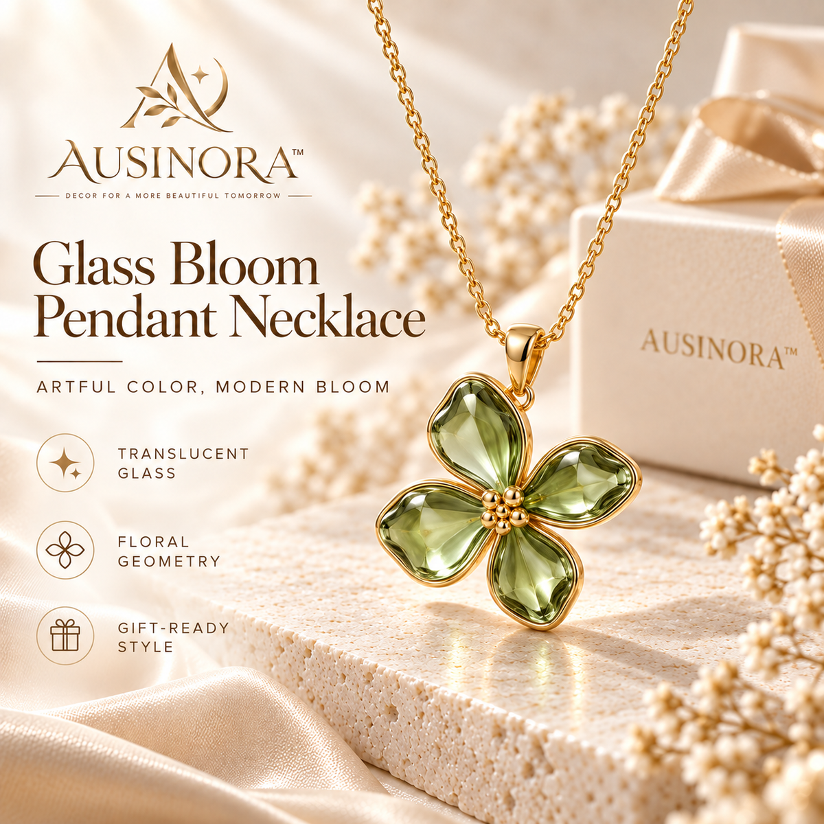 AUSINORA™ Glass Bloom Pendant Necklace – Colored Glass Floral Necklace, Artistic Women's Jewelry