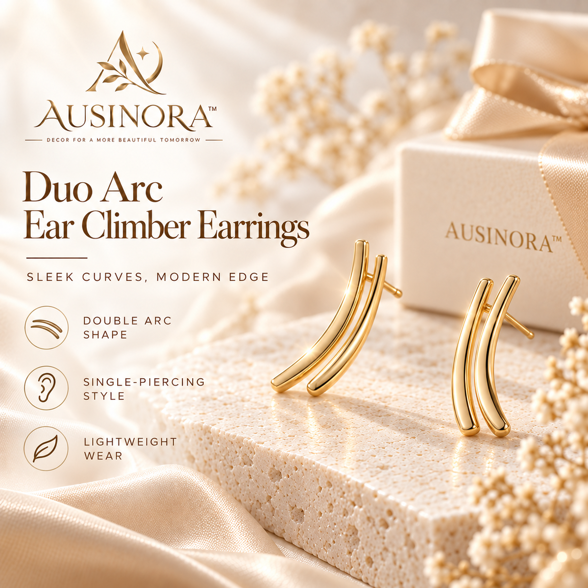 AUSINORA™ Duo Arc Ear Climber Earrings – Minimalist Curved Stud Earrings, Modern Ear Crawler Jewelry