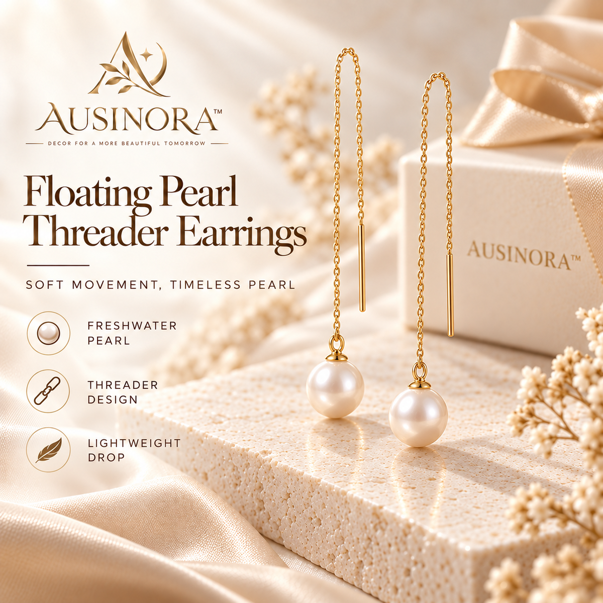 AUSINORA™ Floating Pearl Threader Earrings – Modern Pearl Drop Earrings, Minimalist Chain Earrings for Women