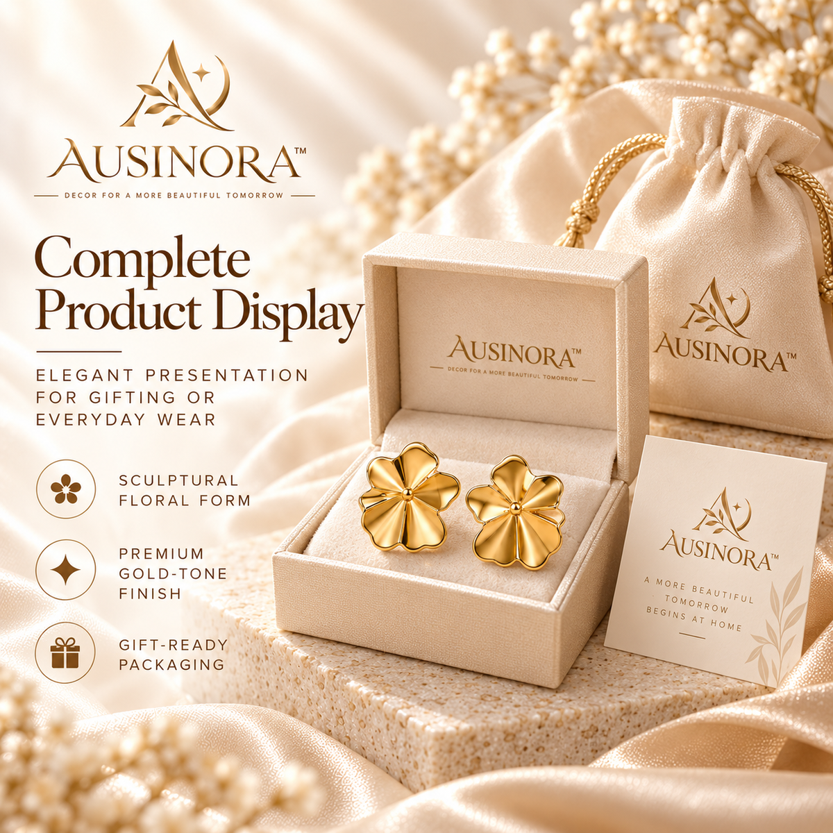AUSINORA™ Folded Petal Stud Earrings – Modern Floral Gold Earrings, Minimalist Statement Jewelry for Women