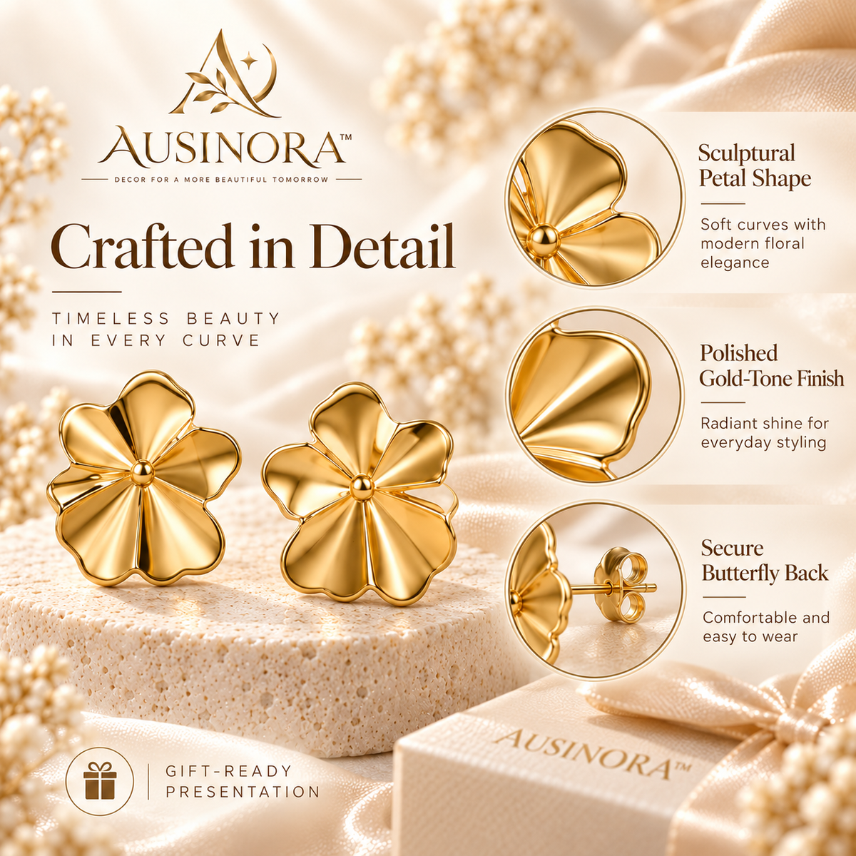 AUSINORA™ Folded Petal Stud Earrings – Modern Floral Gold Earrings, Minimalist Statement Jewelry for Women