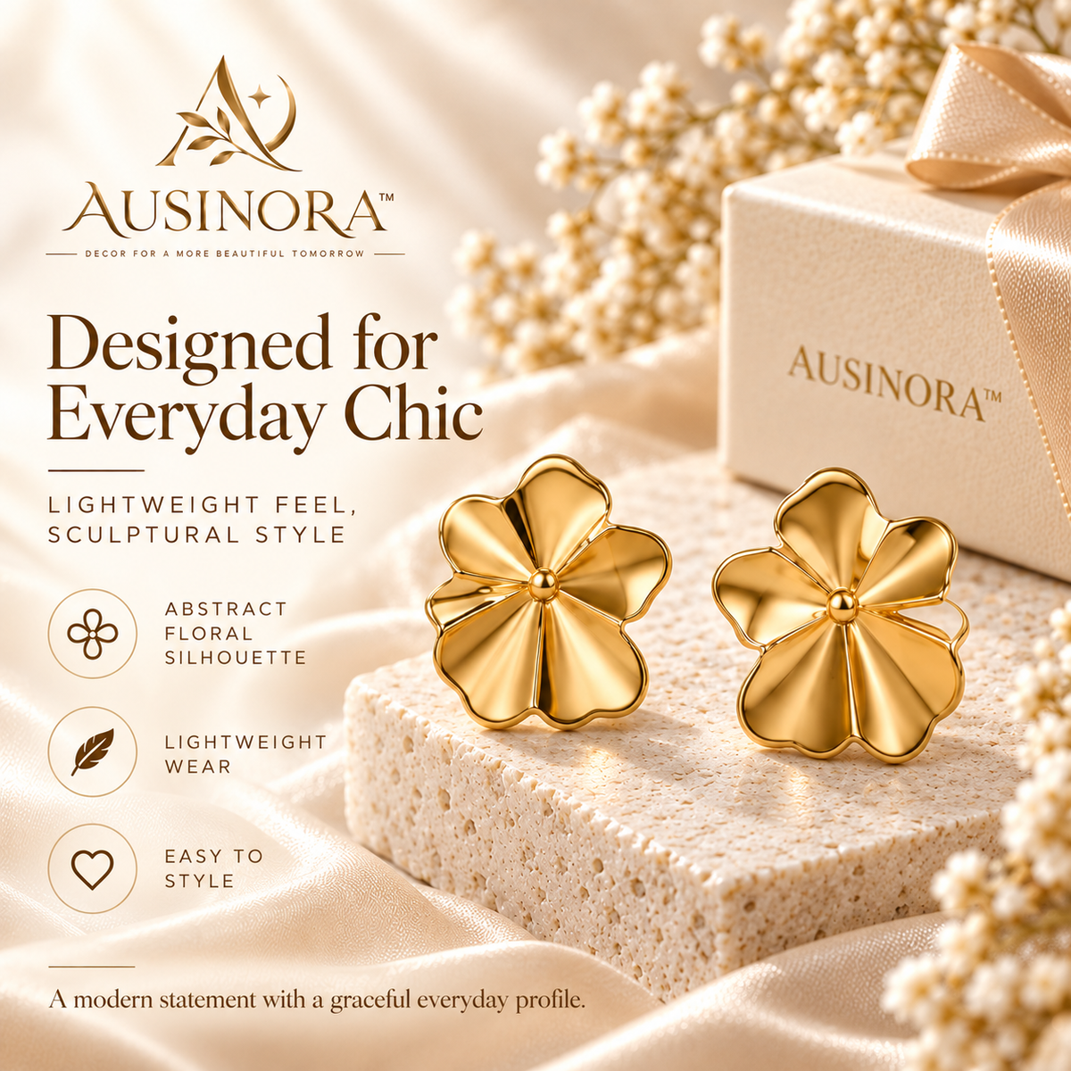 AUSINORA™ Folded Petal Stud Earrings – Modern Floral Gold Earrings, Minimalist Statement Jewelry for Women