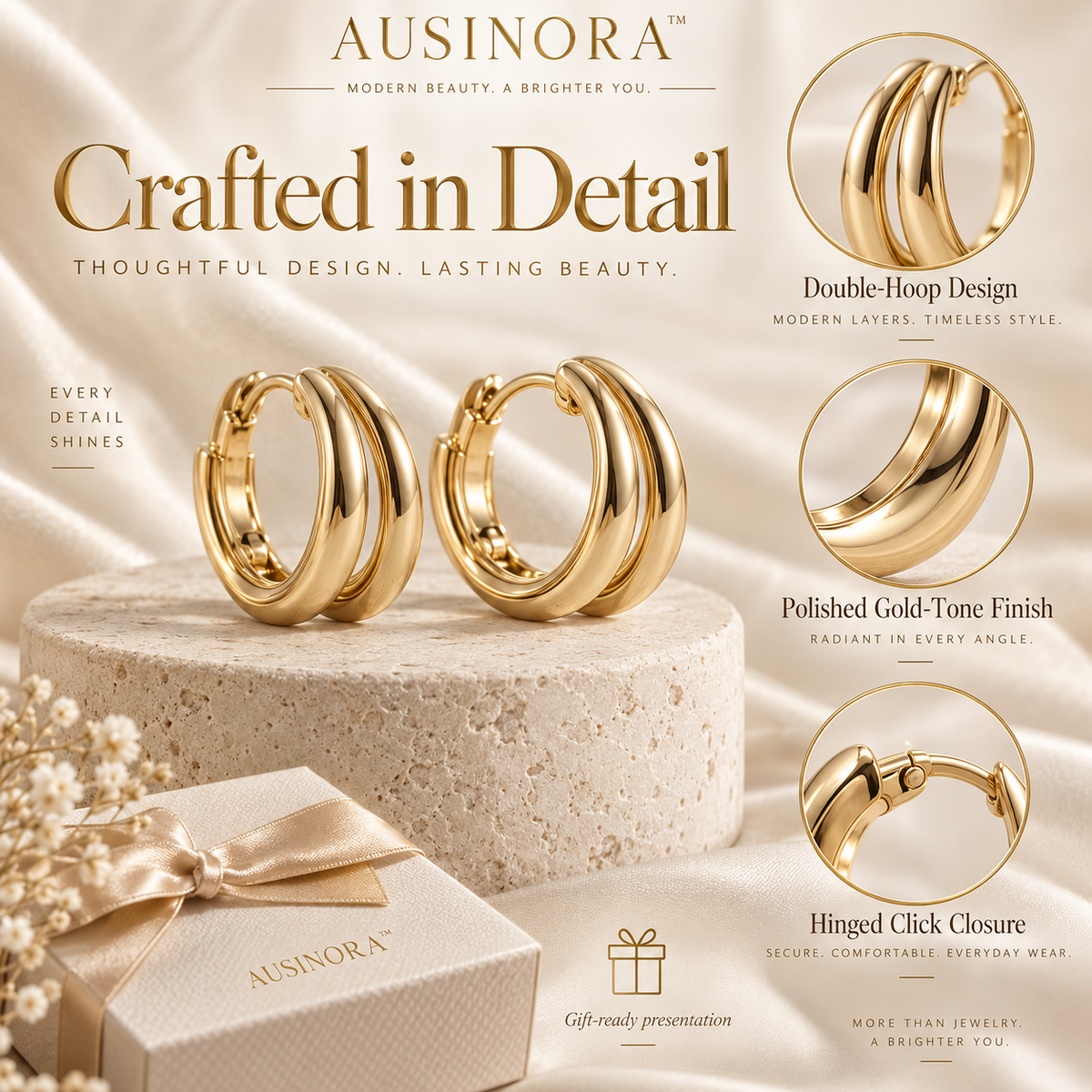 AUSINORA™ Double Orbit Huggie Hoop Earrings – Small Gold Hoop Earrings, Modern Layered Everyday Jewelry