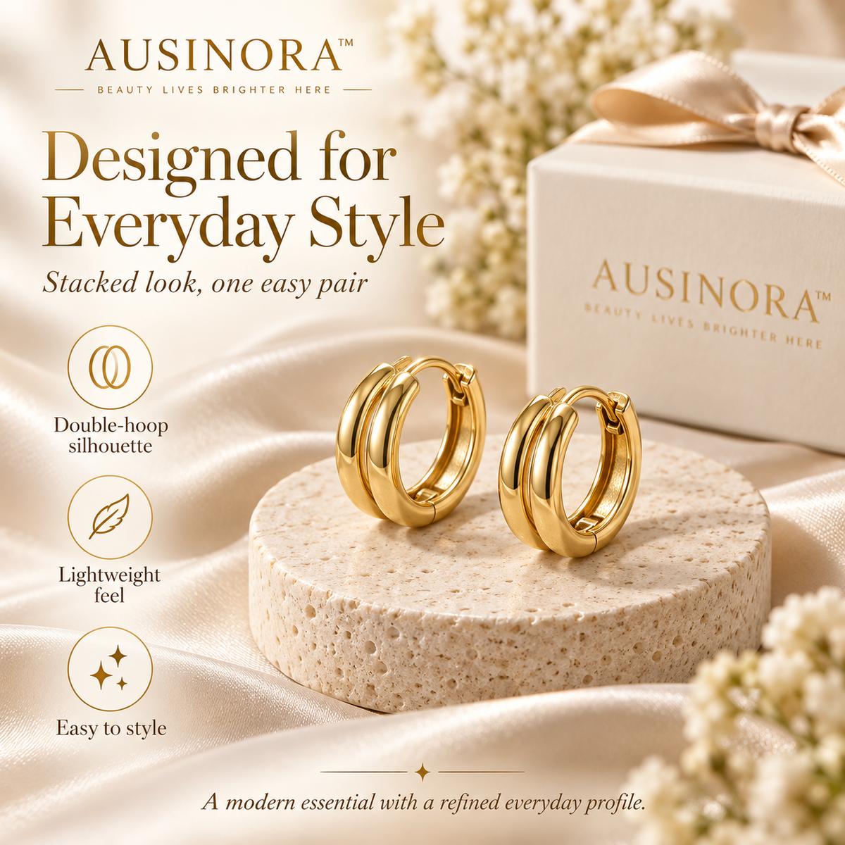 AUSINORA™ Double Orbit Huggie Hoop Earrings – Small Gold Hoop Earrings, Modern Layered Everyday Jewelry