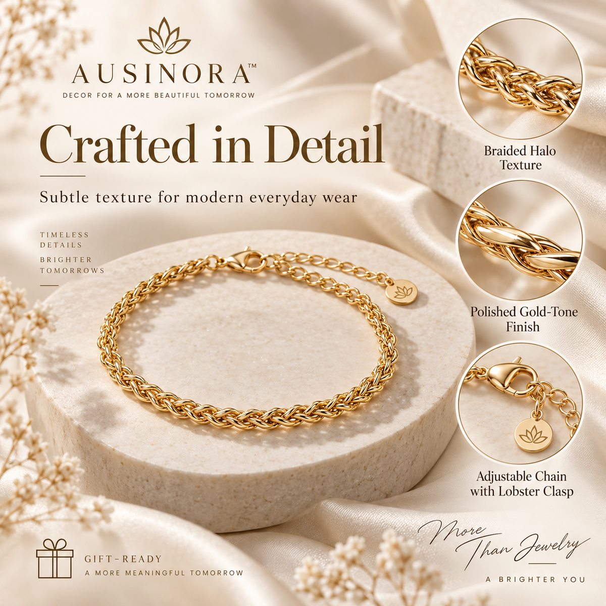 AUSINORA™ Braided Halo Chain Bracelet – Minimalist Gold Bracelet for Women, Adjustable Everyday Layering Jewelry