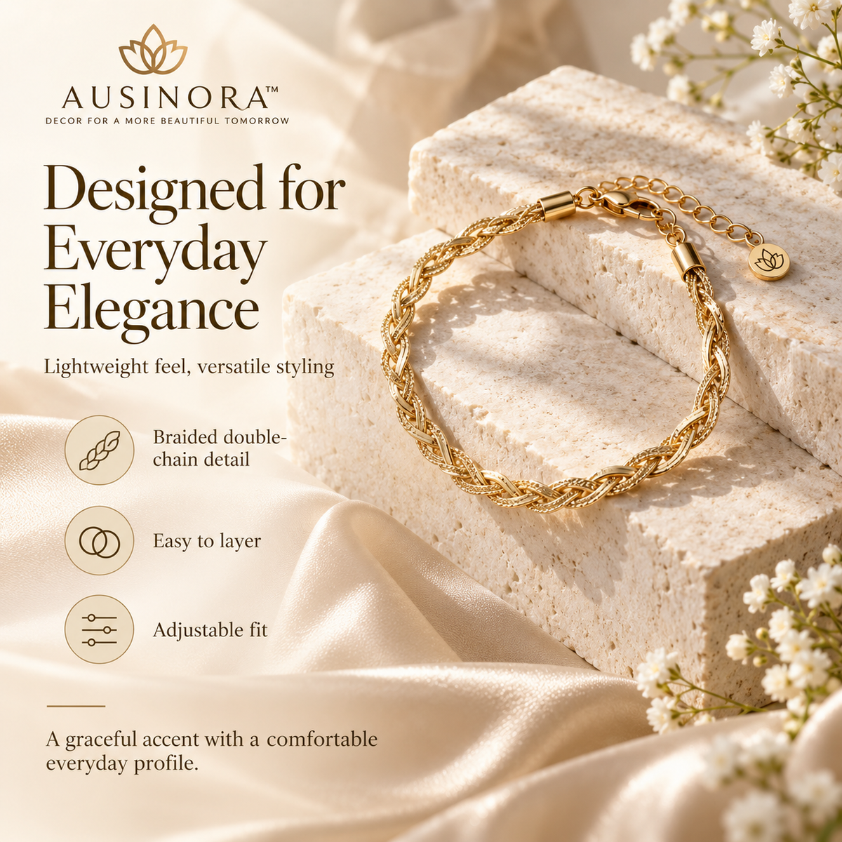 AUSINORA™ Braided Halo Chain Bracelet – Minimalist Gold Bracelet for Women, Adjustable Everyday Layering Jewelry