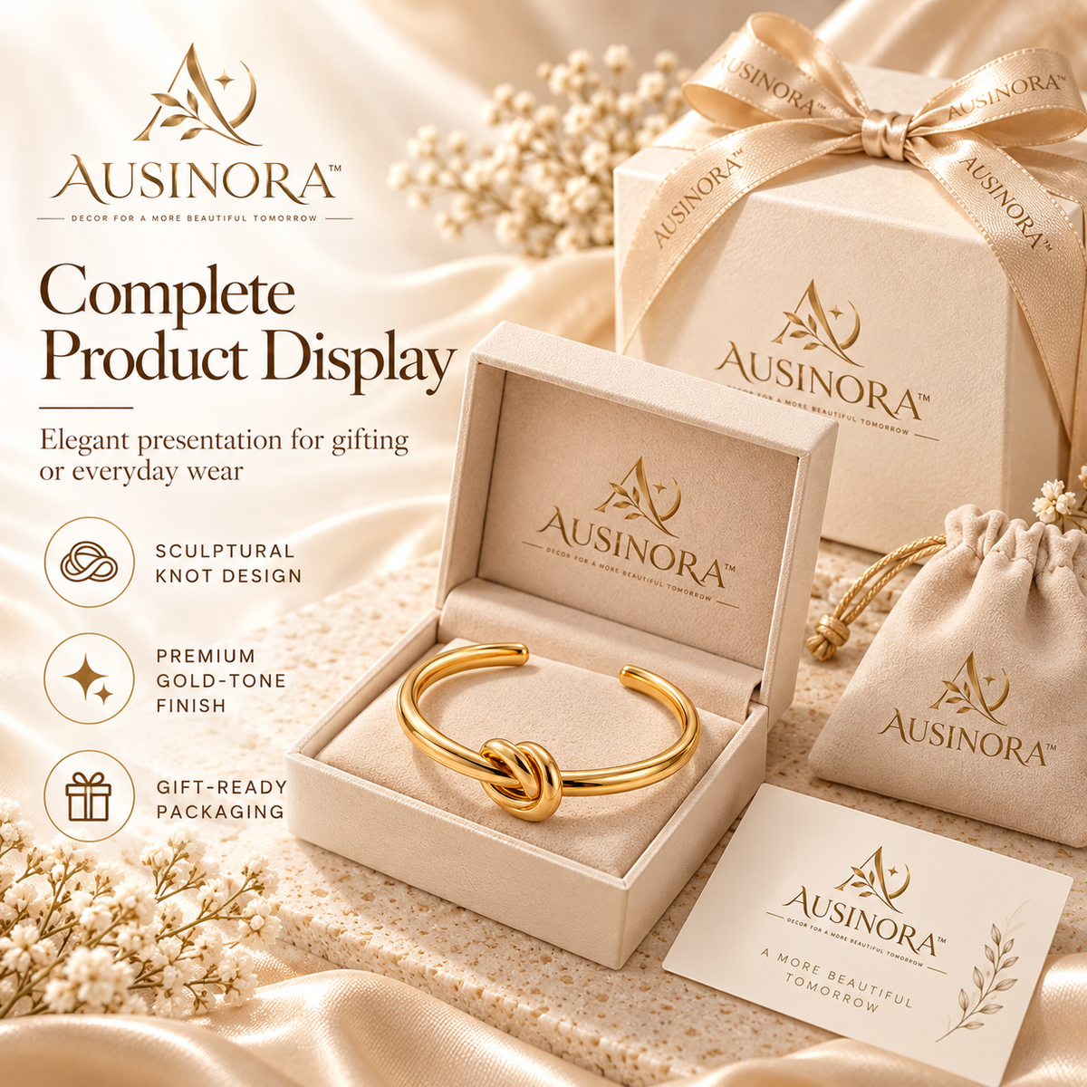 AUSINORA™ Crescent Knot Open Cuff Bracelet – Sculptural Gold Bangle, Minimalist Adjustable Women's Bracelet