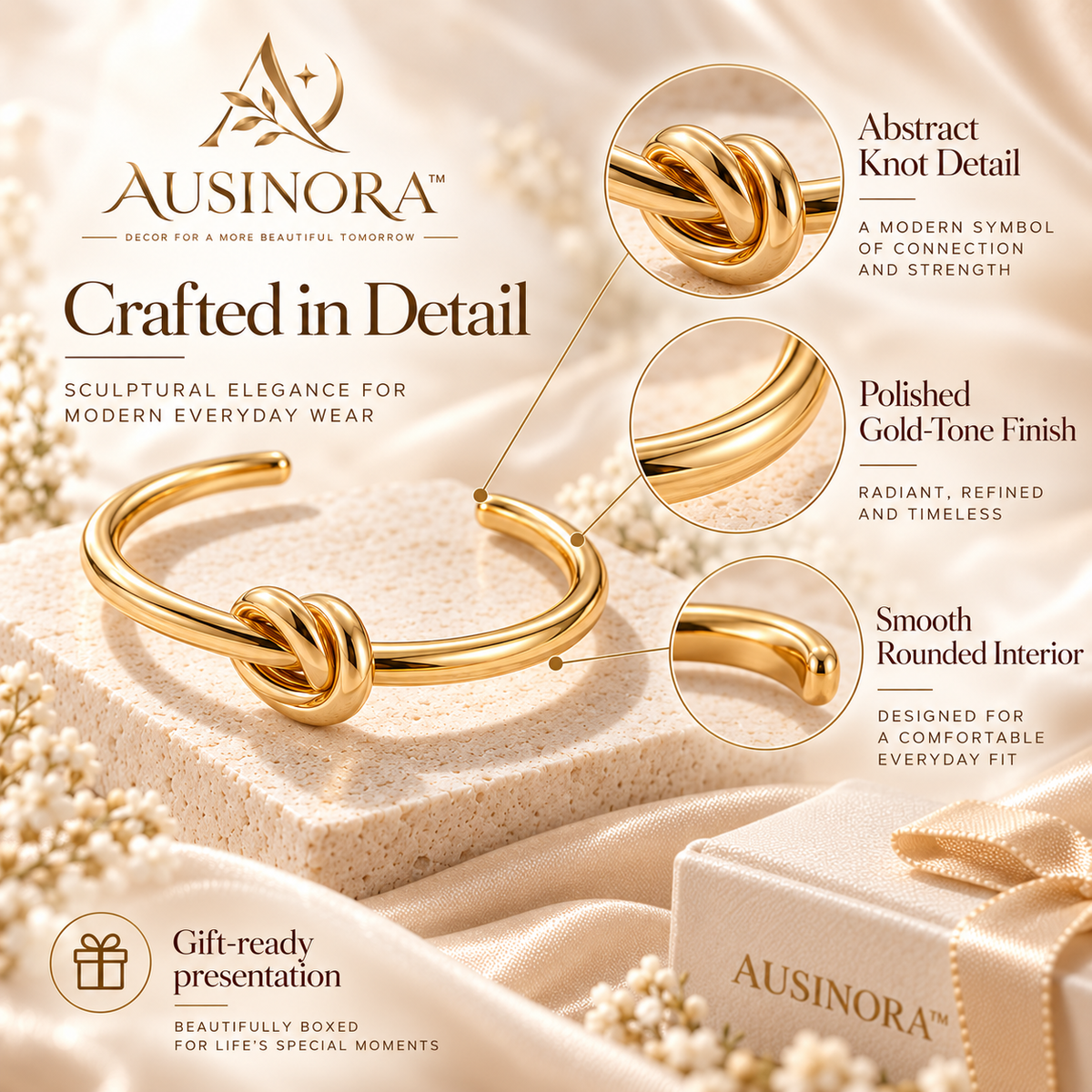 AUSINORA™ Crescent Knot Open Cuff Bracelet – Sculptural Gold Bangle, Minimalist Adjustable Women's Bracelet