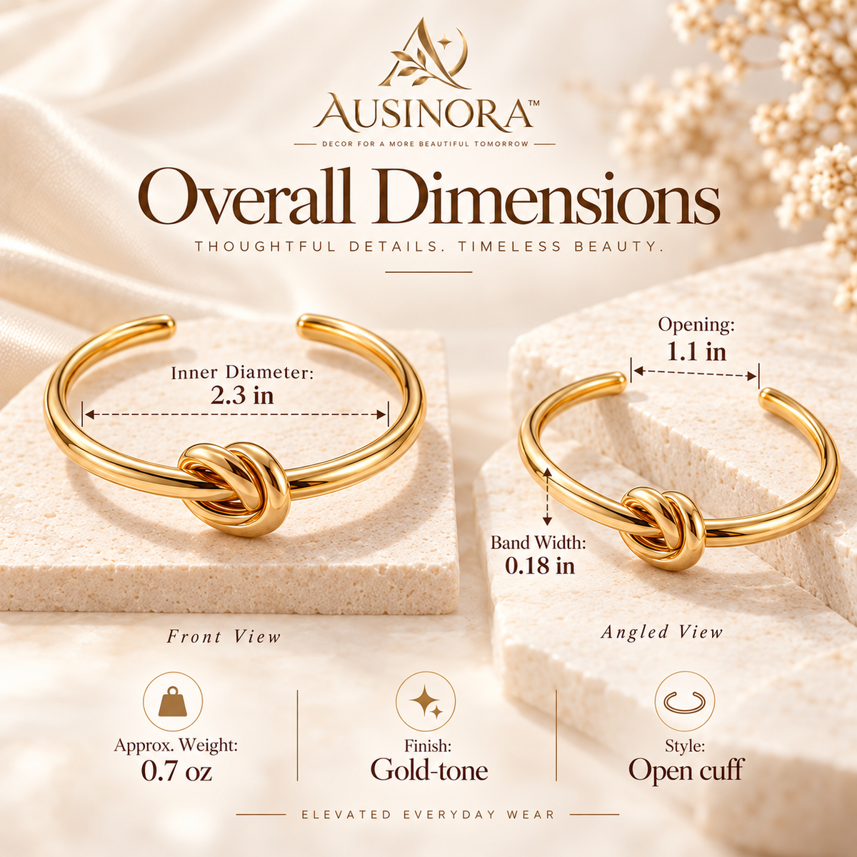 AUSINORA™ Crescent Knot Open Cuff Bracelet – Sculptural Gold Bangle, Minimalist Adjustable Women's Bracelet