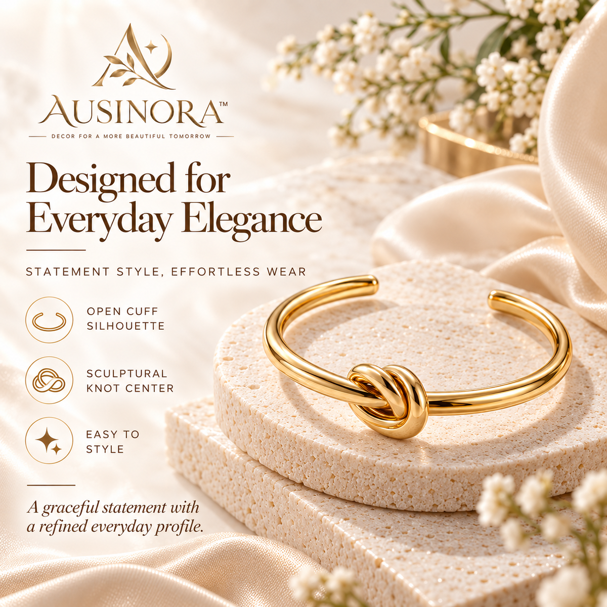 AUSINORA™ Crescent Knot Open Cuff Bracelet – Sculptural Gold Bangle, Minimalist Adjustable Women's Bracelet