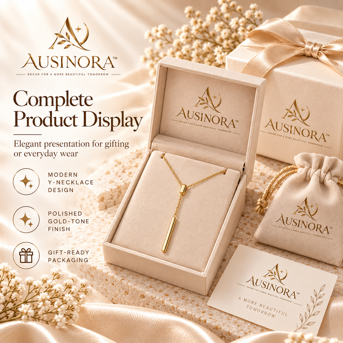 AUSINORA™ Architectural Bar Y Necklace – Long Minimalist Pendant Necklace, Layering Jewelry for Women
