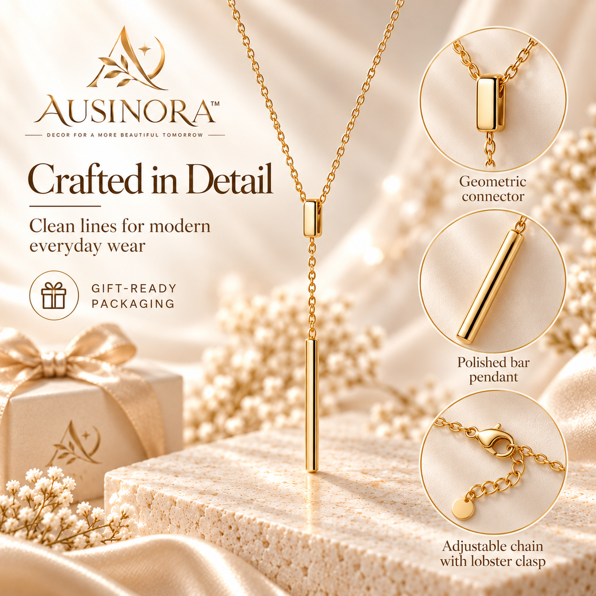 AUSINORA™ Architectural Bar Y Necklace – Long Minimalist Pendant Necklace, Layering Jewelry for Women