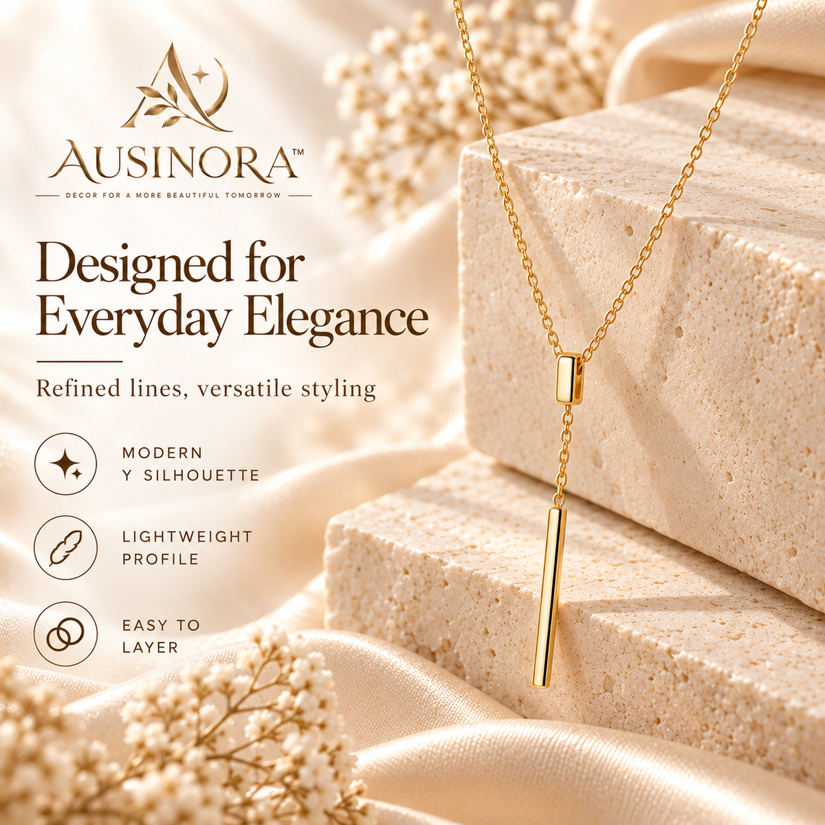 AUSINORA™ Architectural Bar Y Necklace – Long Minimalist Pendant Necklace, Layering Jewelry for Women