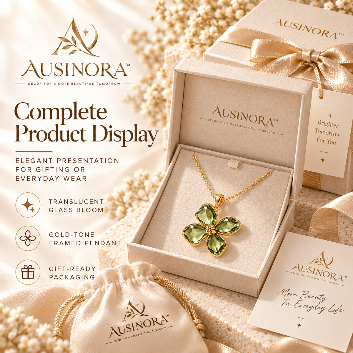 AUSINORA™ Glass Bloom Pendant Necklace – Colored Glass Floral Necklace, Artistic Women's Jewelry