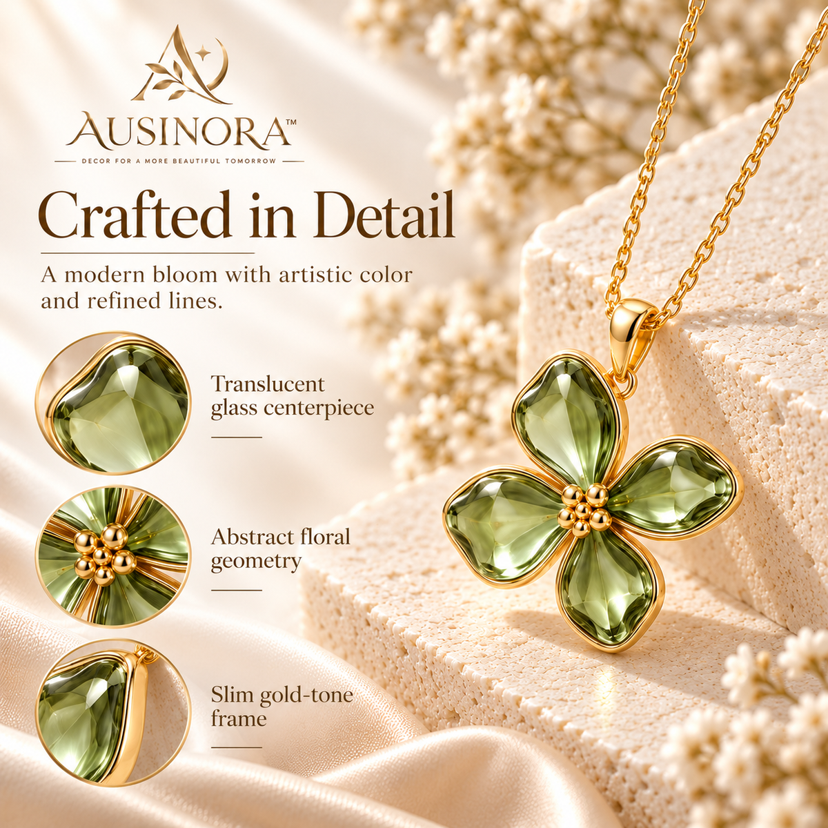 AUSINORA™ Glass Bloom Pendant Necklace – Colored Glass Floral Necklace, Artistic Women's Jewelry