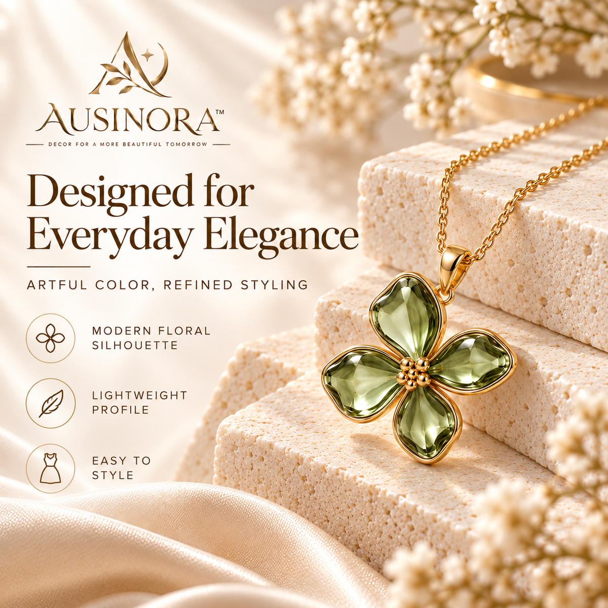 AUSINORA™ Glass Bloom Pendant Necklace – Colored Glass Floral Necklace, Artistic Women's Jewelry