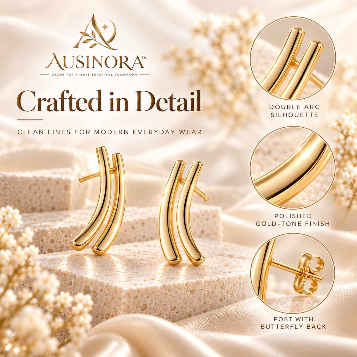 AUSINORA™ Duo Arc Ear Climber Earrings – Minimalist Curved Stud Earrings, Modern Ear Crawler Jewelry
