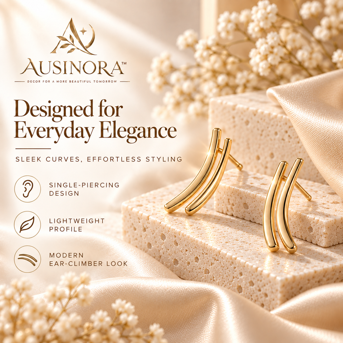AUSINORA™ Duo Arc Ear Climber Earrings – Minimalist Curved Stud Earrings, Modern Ear Crawler Jewelry