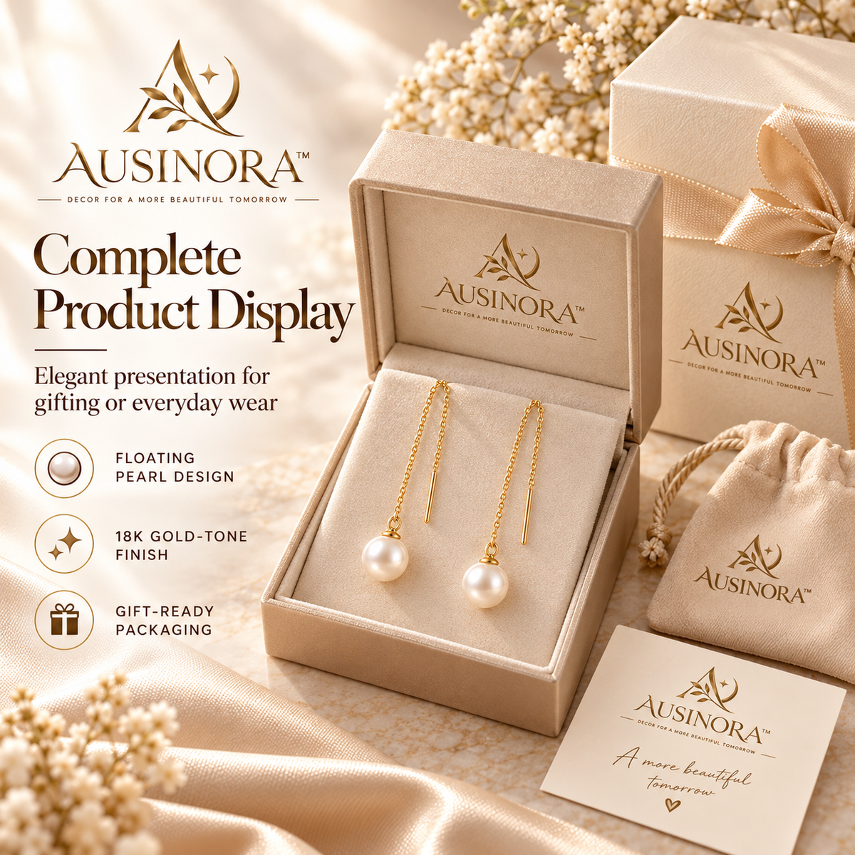 AUSINORA™ Floating Pearl Threader Earrings – Modern Pearl Drop Earrings, Minimalist Chain Earrings for Women