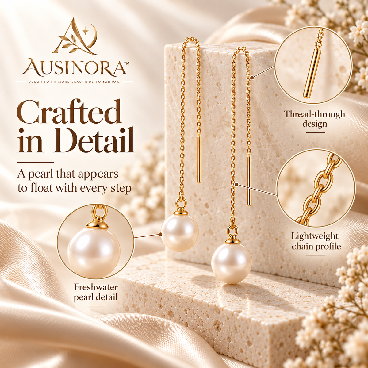 AUSINORA™ Floating Pearl Threader Earrings – Modern Pearl Drop Earrings, Minimalist Chain Earrings for Women
