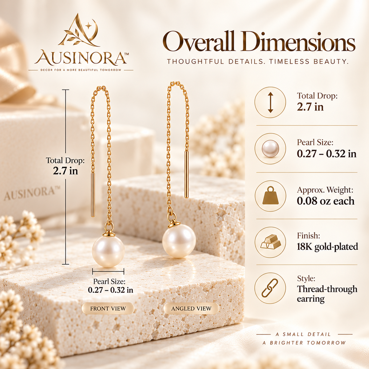 AUSINORA™ Floating Pearl Threader Earrings – Modern Pearl Drop Earrings, Minimalist Chain Earrings for Women