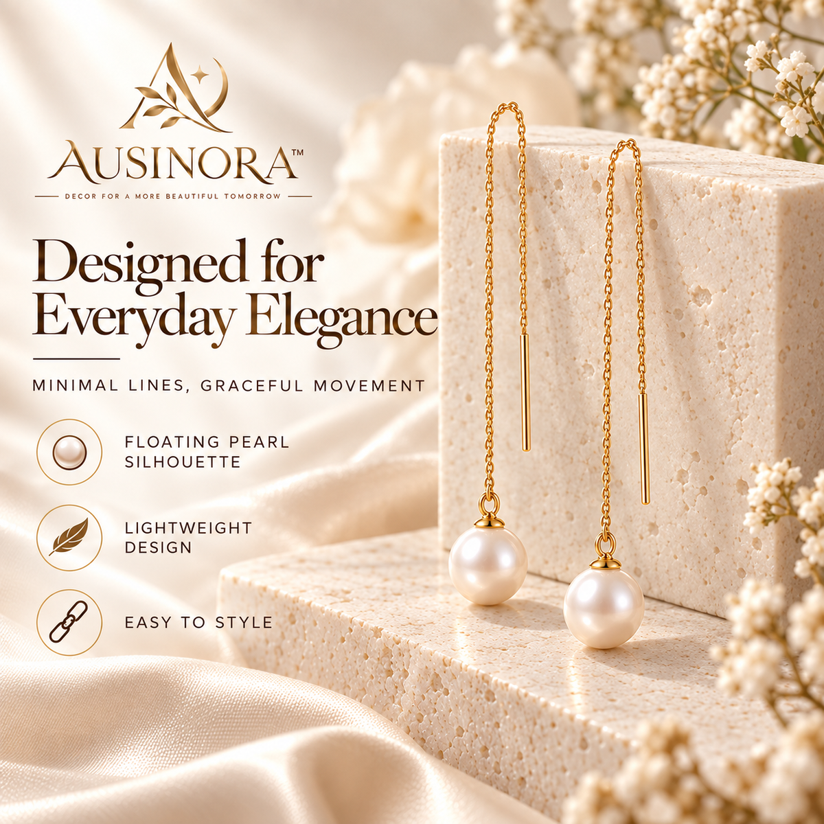 AUSINORA™ Floating Pearl Threader Earrings – Modern Pearl Drop Earrings, Minimalist Chain Earrings for Women